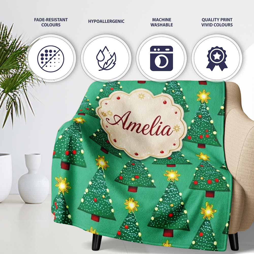Festive Christmas Trees with Yellow Stars on Green Background Lovely  Personalised Custom Name Super Soft Fleece Blanket Bed Sofa Throw