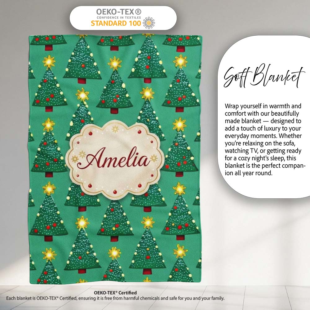 Festive Christmas Trees with Yellow Stars on Green Background Lovely  Personalised Custom Name Super Soft Fleece Blanket Bed Sofa Throw