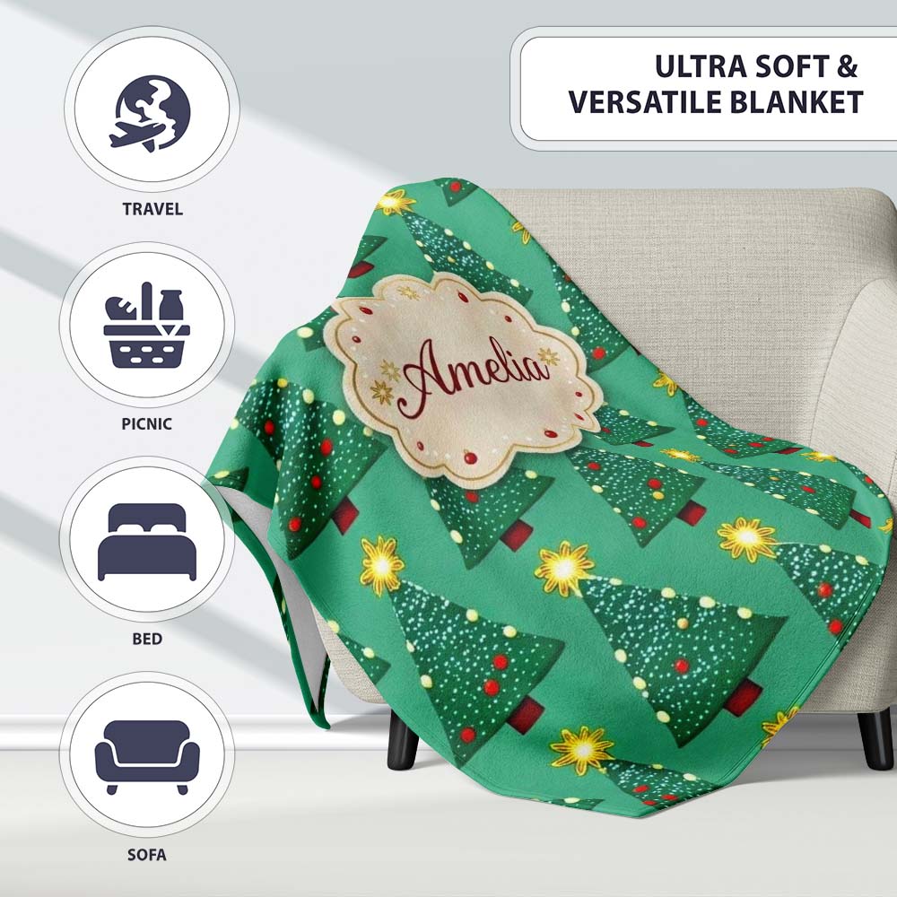 Festive Christmas Trees with Yellow Stars on Green Background Lovely  Personalised Custom Name Super Soft Fleece Blanket Bed Sofa Throw