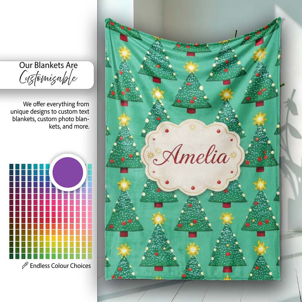 Festive Christmas Trees with Yellow Stars on Green Background Lovely  Personalised Custom Name Super Soft Fleece Blanket Bed Sofa Throw