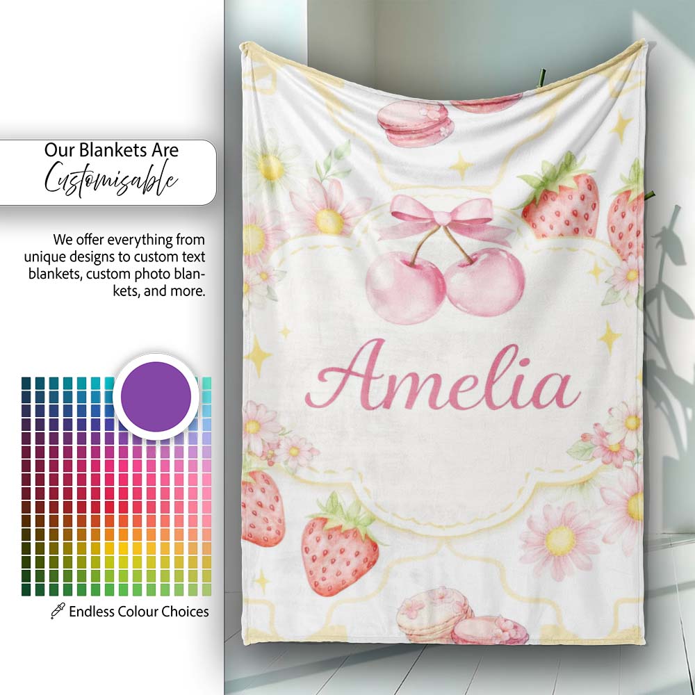 Strawberry Cherry Daisy White Yellow Outline Cute Coquette Floral  Personalised Custom Name Super Soft Fleece Blanket Bed Sofa Throw
