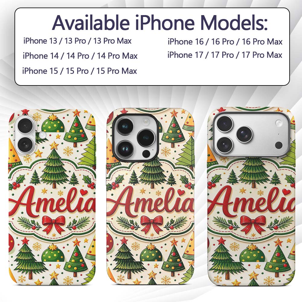 Stylized Christmas Trees with Printed Design Custom Name Protective Phone Case Mobile Cover Durable Everyday Smartphone Shock Resistant