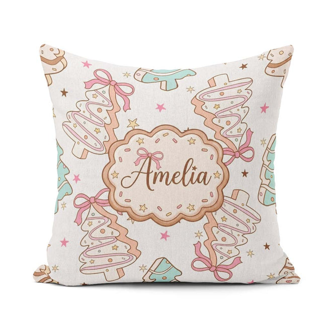 Custom Name Cute Tree Cookies with Icing and Bows Sweet Festive Square Filled Cushion Throw Pillow Sofa Bed Home Decor Zip Washable UK Made
