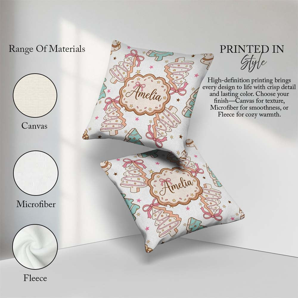 Custom Name Cute Tree Cookies with Icing and Bows Sweet Festive Square Filled Cushion Throw Pillow Sofa Bed Home Decor Zip Washable UK Made
