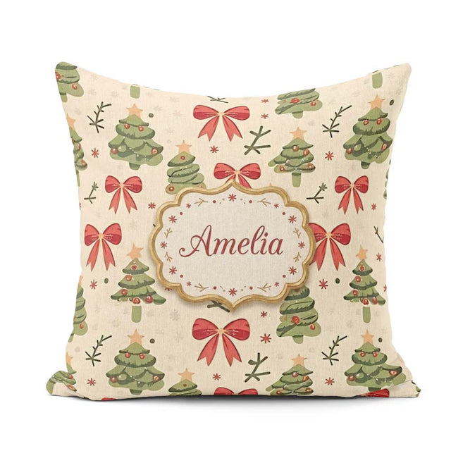 Custom Name Watercolor Christmas Tree with Red Bows and Elements Square Filled Cushion Throw Pillow Sofa Bed Home Decor Zip Washable UK Made