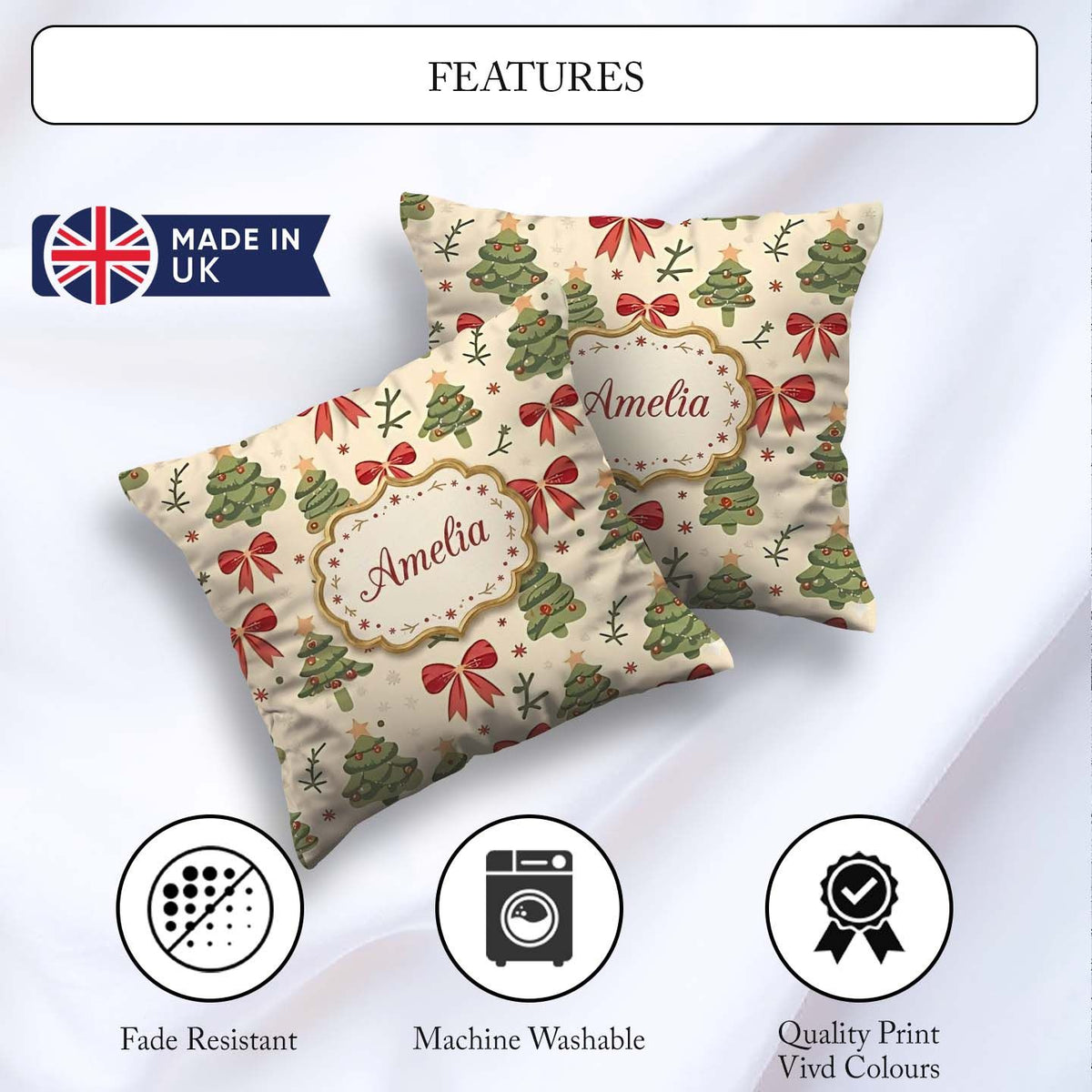 Custom Name Watercolor Christmas Tree with Red Bows and Elements Square Filled Cushion Throw Pillow Sofa Bed Home Decor Zip Washable UK Made