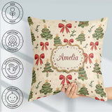 Custom Name Watercolor Christmas Tree with Red Bows and Elements Square Filled Cushion Throw Pillow Sofa Bed Home Decor Zip Washable UK Made
