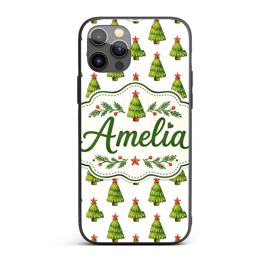 Watercolor Christmas Trees with Red Star Toppers Custom Name Protective Phone Case Mobile Cover Durable Everyday Smartphone Shock Resistant