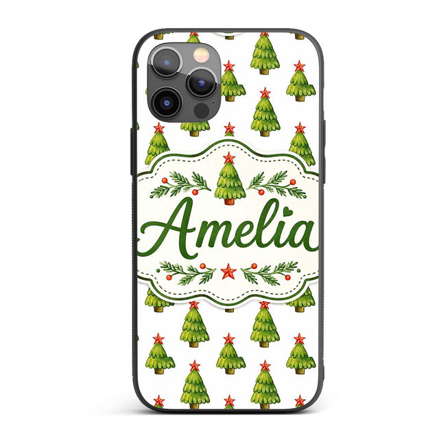 Watercolor Christmas Trees with Red Star Toppers Custom Name Protective Phone Case Mobile Cover Durable Everyday Smartphone Shock Resistant
