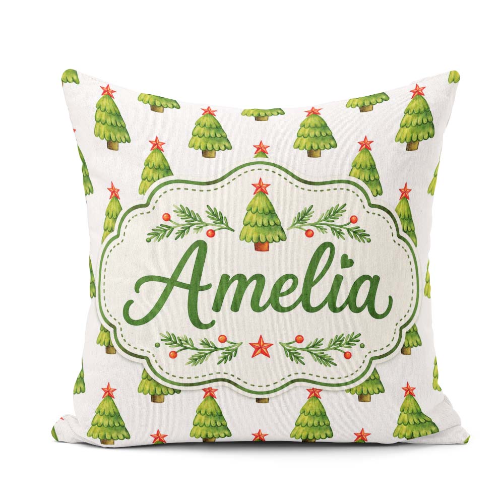 Custom Name Watercolor Christmas Trees with Star Toppers Festive Square Filled Cushion Throw Pillow Sofa Bed Home Decor Zip Washable UK Made