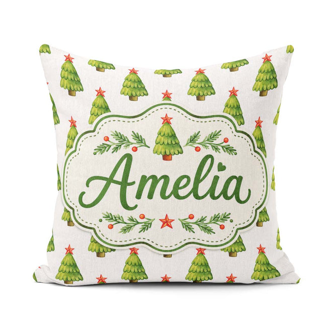 Custom Name Watercolor Christmas Trees with Star Toppers Festive Square Filled Cushion Throw Pillow Sofa Bed Home Decor Zip Washable UK Made
