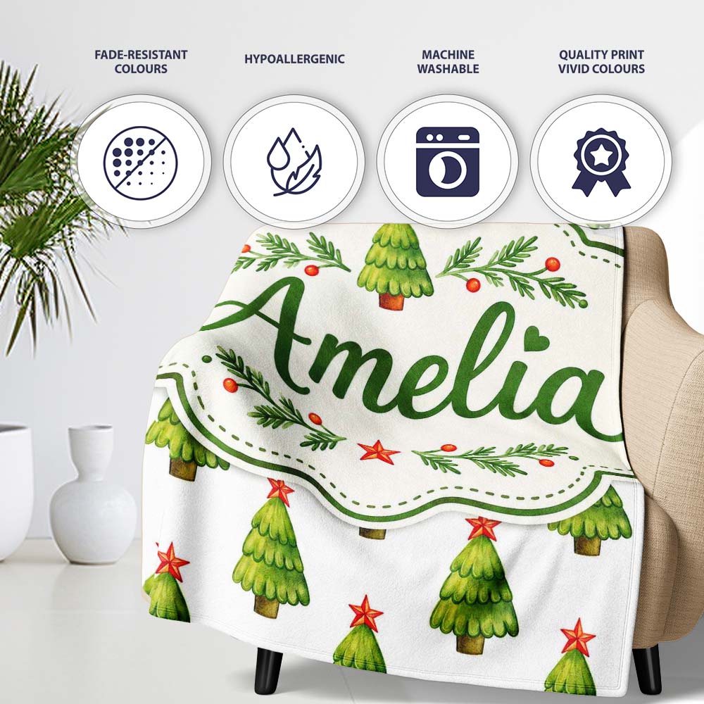 Watercolor Christmas Trees with Red Star Toppers Festive Seamless  Personalised Custom Name Super Soft Fleece Blanket Bed Sofa Throw