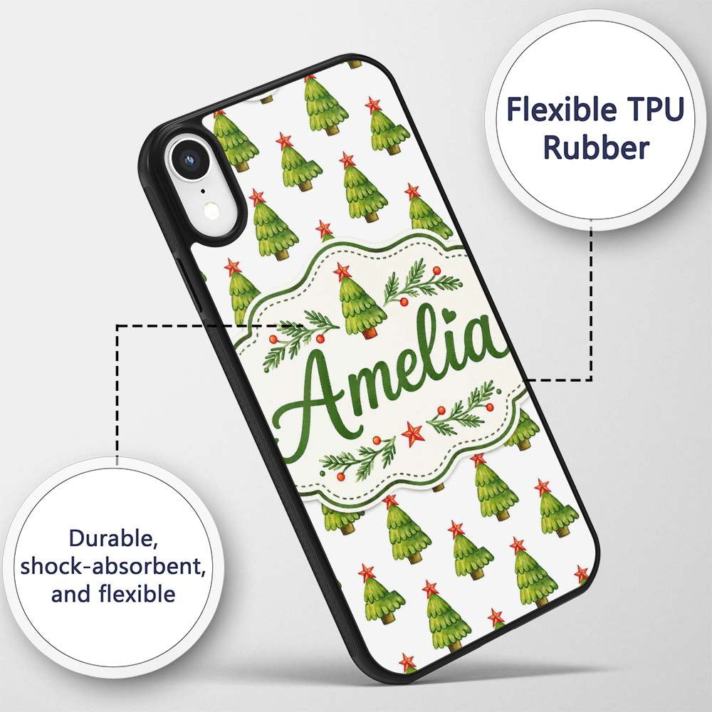Watercolor Christmas Trees with Red Star Toppers Custom Name Protective Phone Case Mobile Cover Durable Everyday Smartphone Shock Resistant