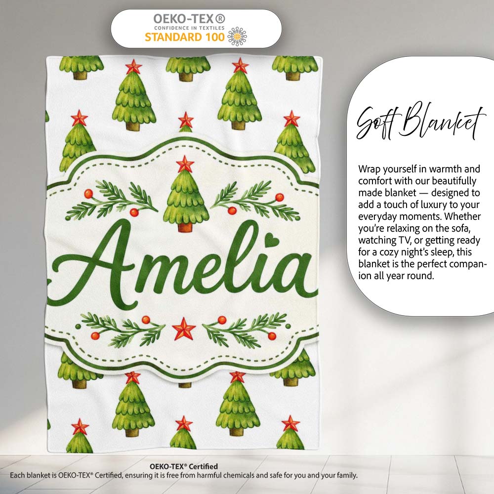 Watercolor Christmas Trees with Red Star Toppers Festive Seamless  Personalised Custom Name Super Soft Fleece Blanket Bed Sofa Throw