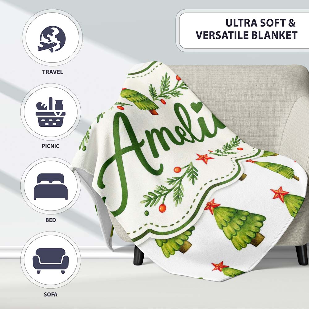 Watercolor Christmas Trees with Red Star Toppers Festive Seamless  Personalised Custom Name Super Soft Fleece Blanket Bed Sofa Throw