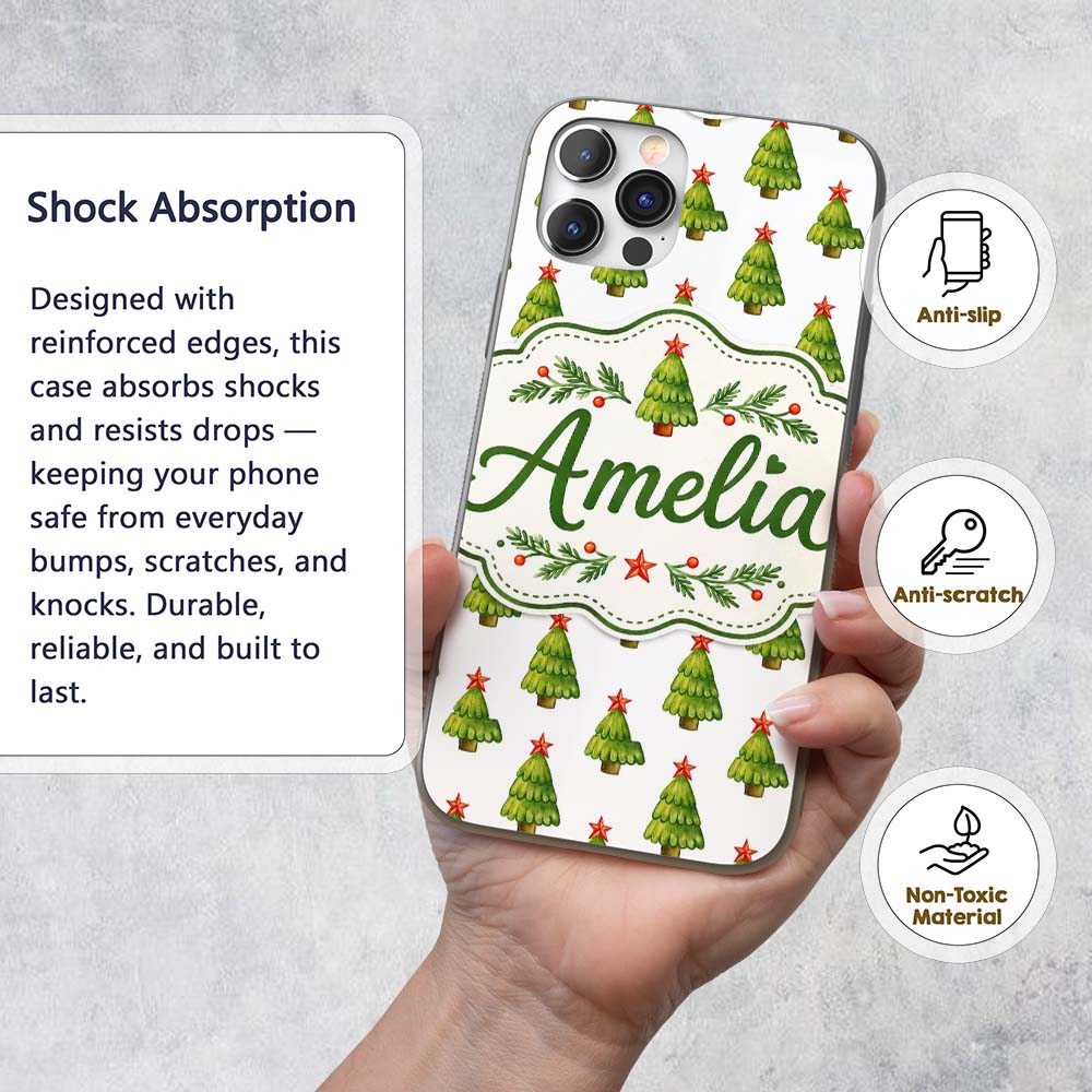 Watercolor Christmas Trees with Red Star Toppers Custom Name Protective Phone Case Mobile Cover Durable Everyday Smartphone Shock Resistant