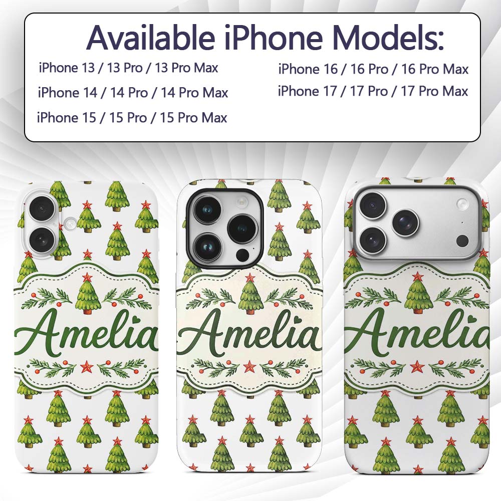 Watercolor Christmas Trees with Red Star Toppers Custom Name Protective Phone Case Mobile Cover Durable Everyday Smartphone Shock Resistant