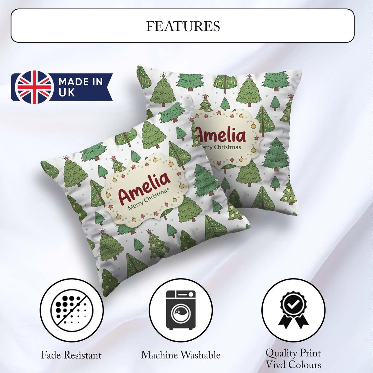 Custom Name Style Christmas Trees with Ornaments Cute Seamless Square Filled Cushion Throw Pillow Sofa Bed Home Decor Zip Washable UK Made