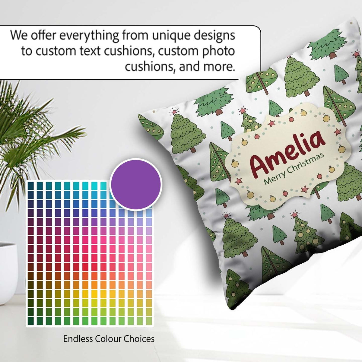 Custom Name Style Christmas Trees with Ornaments Cute Seamless Square Filled Cushion Throw Pillow Sofa Bed Home Decor Zip Washable UK Made