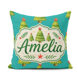 Custom Name Watercolor Christmas Trees with Red Star on Seamless Square Filled Cushion Throw Pillow Sofa Bed Home Decor Zip Washable UK Made