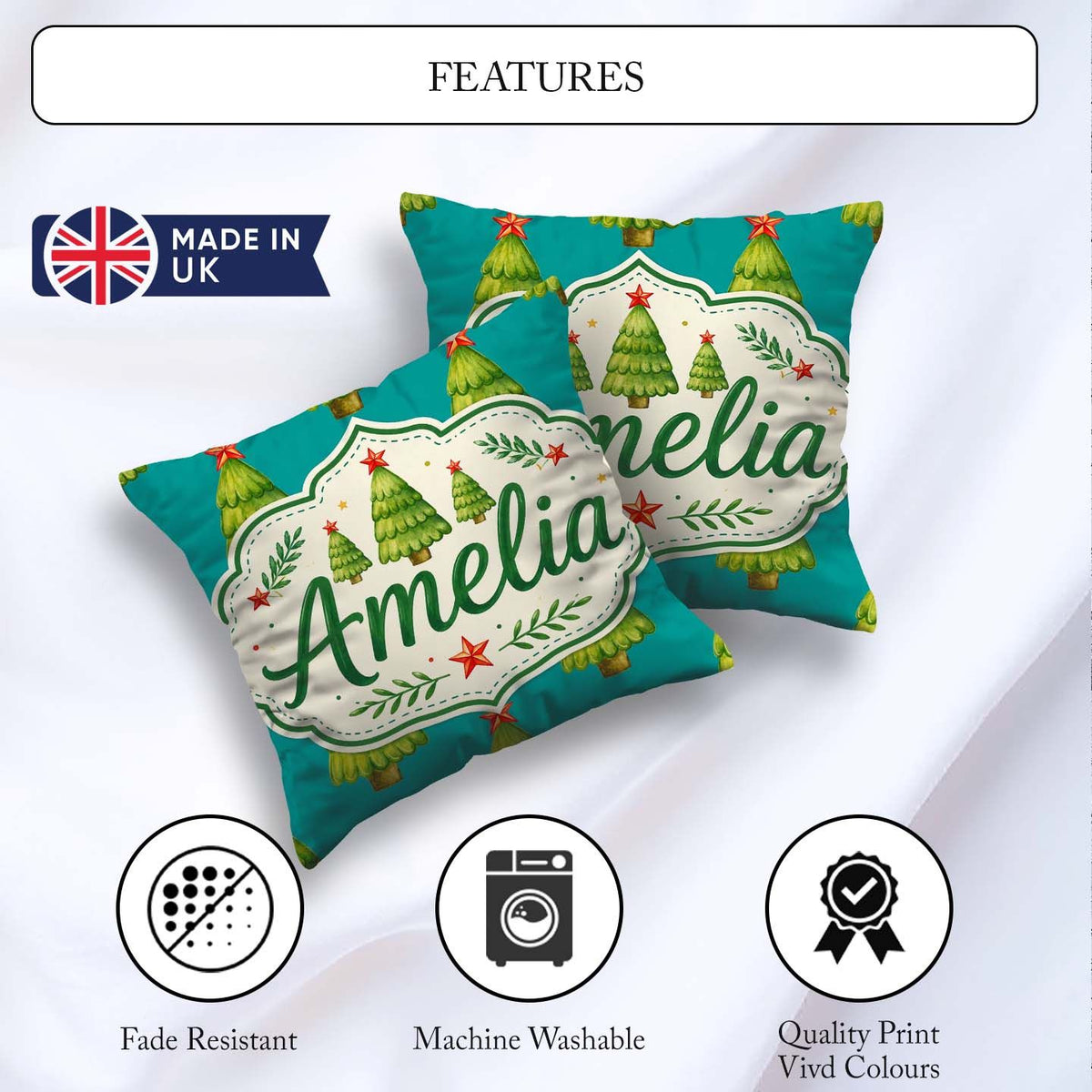 Custom Name Watercolor Christmas Trees with Red Star on Seamless Square Filled Cushion Throw Pillow Sofa Bed Home Decor Zip Washable UK Made