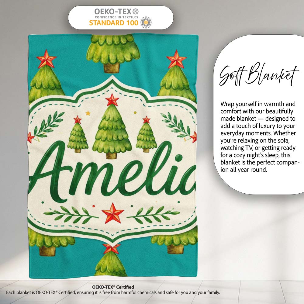 Watercolor Christmas Trees with Red Star on Teal Background Seamless  Personalised Custom Name Super Soft Fleece Blanket Bed Sofa Throw