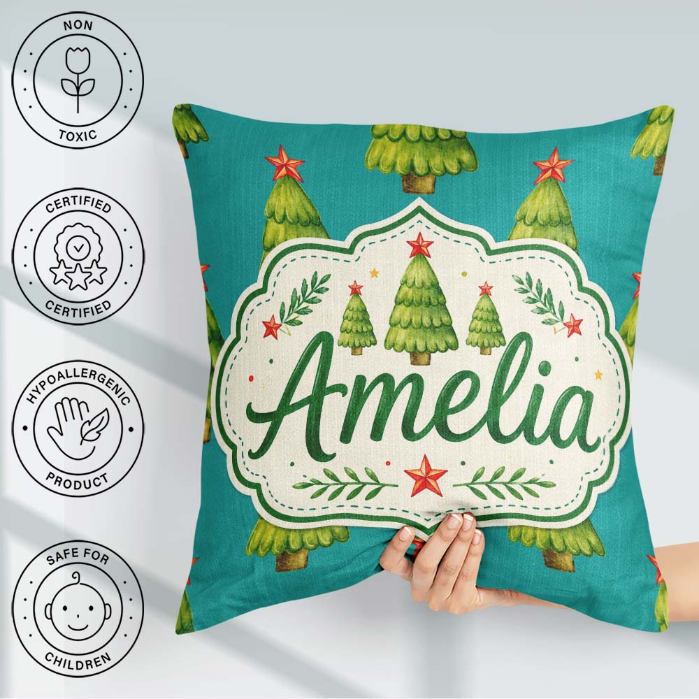 Custom Name Watercolor Christmas Trees with Red Star on Seamless Square Filled Cushion Throw Pillow Sofa Bed Home Decor Zip Washable UK Made
