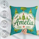Custom Name Watercolor Christmas Trees with Red Star on Seamless Square Filled Cushion Throw Pillow Sofa Bed Home Decor Zip Washable UK Made