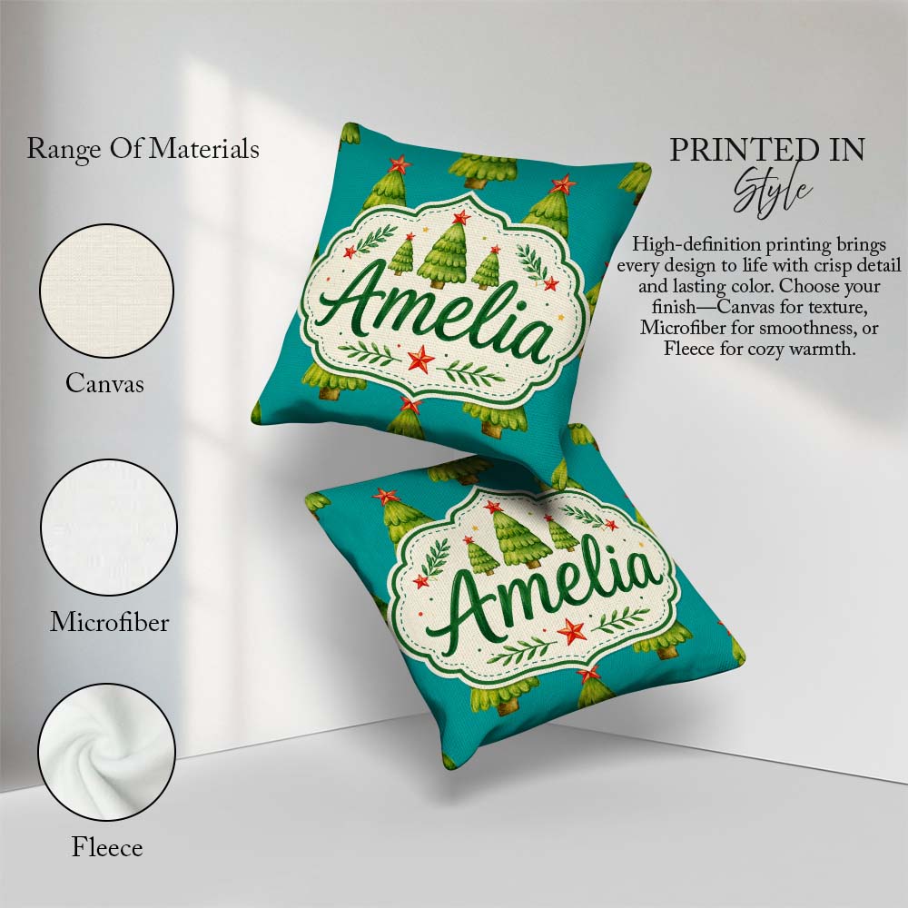 Custom Name Watercolor Christmas Trees with Red Star on Seamless Square Filled Cushion Throw Pillow Sofa Bed Home Decor Zip Washable UK Made