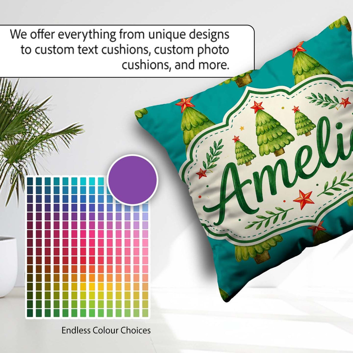 Custom Name Watercolor Christmas Trees with Red Star on Seamless Square Filled Cushion Throw Pillow Sofa Bed Home Decor Zip Washable UK Made