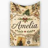 Vintage Christmas Stamps with Trees Snowflakes and Festive Scenes  Personalised Custom Name Super Soft Fleece Blanket Bed Sofa Throw