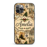 Vintage Christmas Stamps with Trees Snowflakes Custom Name Protective Phone Case Mobile Cover Durable Everyday Smartphone Shock Resistant