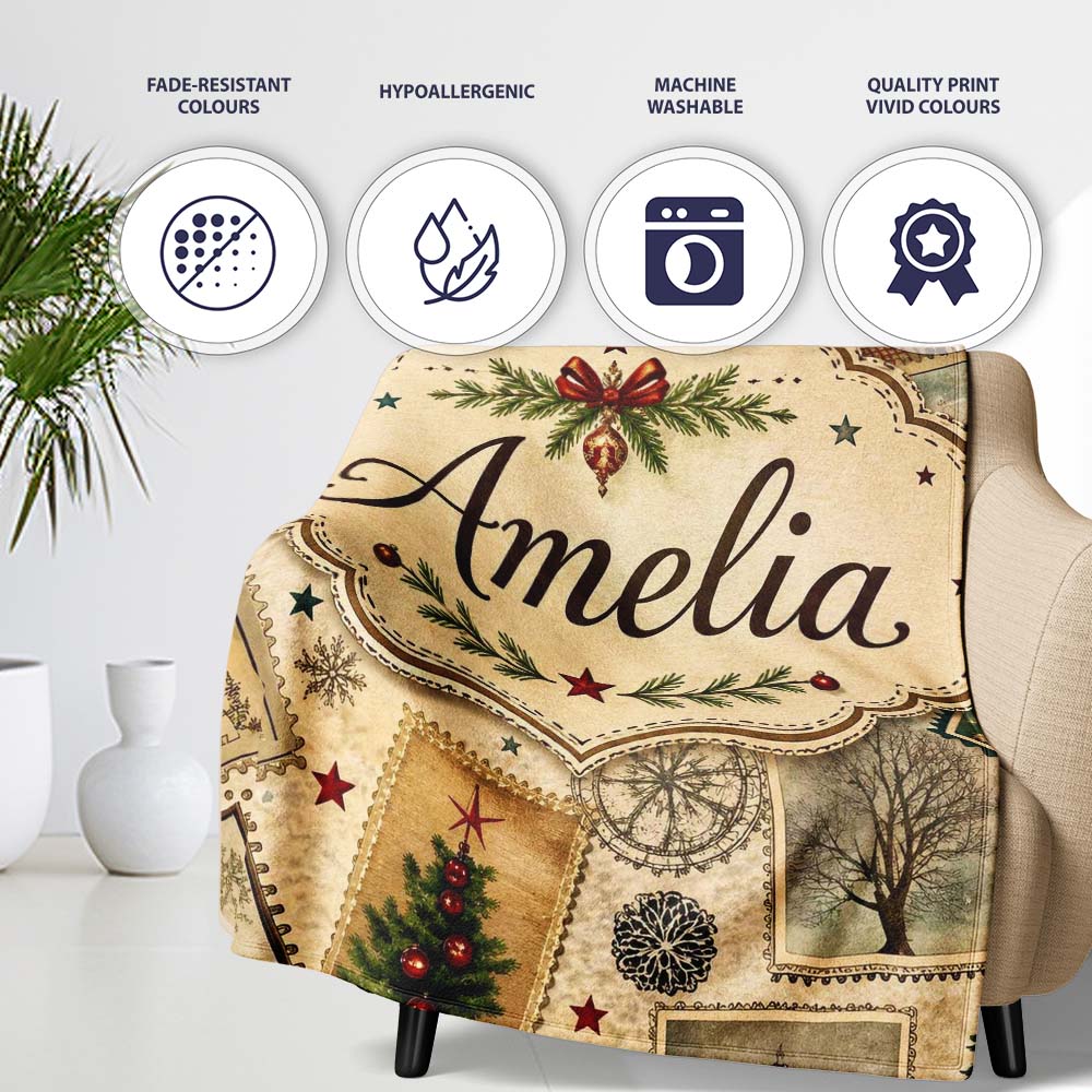 Vintage Christmas Stamps with Trees Snowflakes and Festive Scenes  Personalised Custom Name Super Soft Fleece Blanket Bed Sofa Throw