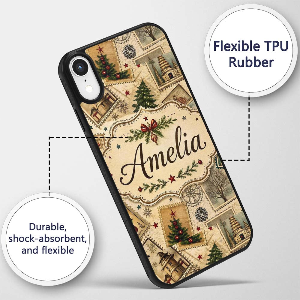 Vintage Christmas Stamps with Trees Snowflakes Custom Name Protective Phone Case Mobile Cover Durable Everyday Smartphone Shock Resistant