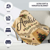 Vintage Christmas Stamps with Trees Snowflakes and Festive Scenes  Personalised Custom Name Super Soft Fleece Blanket Bed Sofa Throw