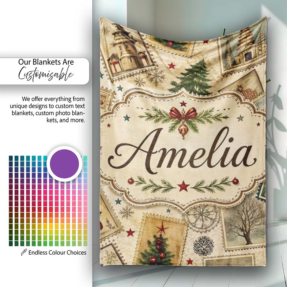Vintage Christmas Stamps with Trees Snowflakes and Festive Scenes  Personalised Custom Name Super Soft Fleece Blanket Bed Sofa Throw