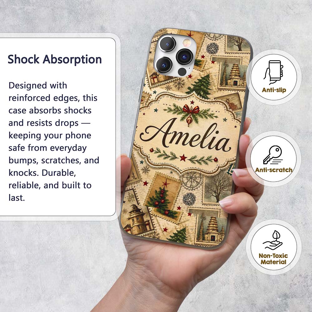 Vintage Christmas Stamps with Trees Snowflakes Custom Name Protective Phone Case Mobile Cover Durable Everyday Smartphone Shock Resistant
