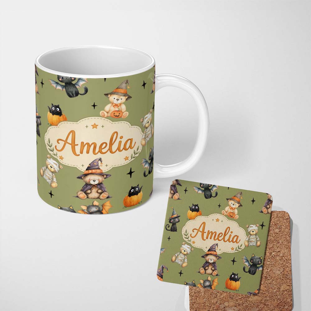 Personalized Custom Name Cute Halloween Teddy Bears Mummy Witch Cat Pumpkin Stars Olive 11oz Ceramic Coffee Tea Mug White Large Handle