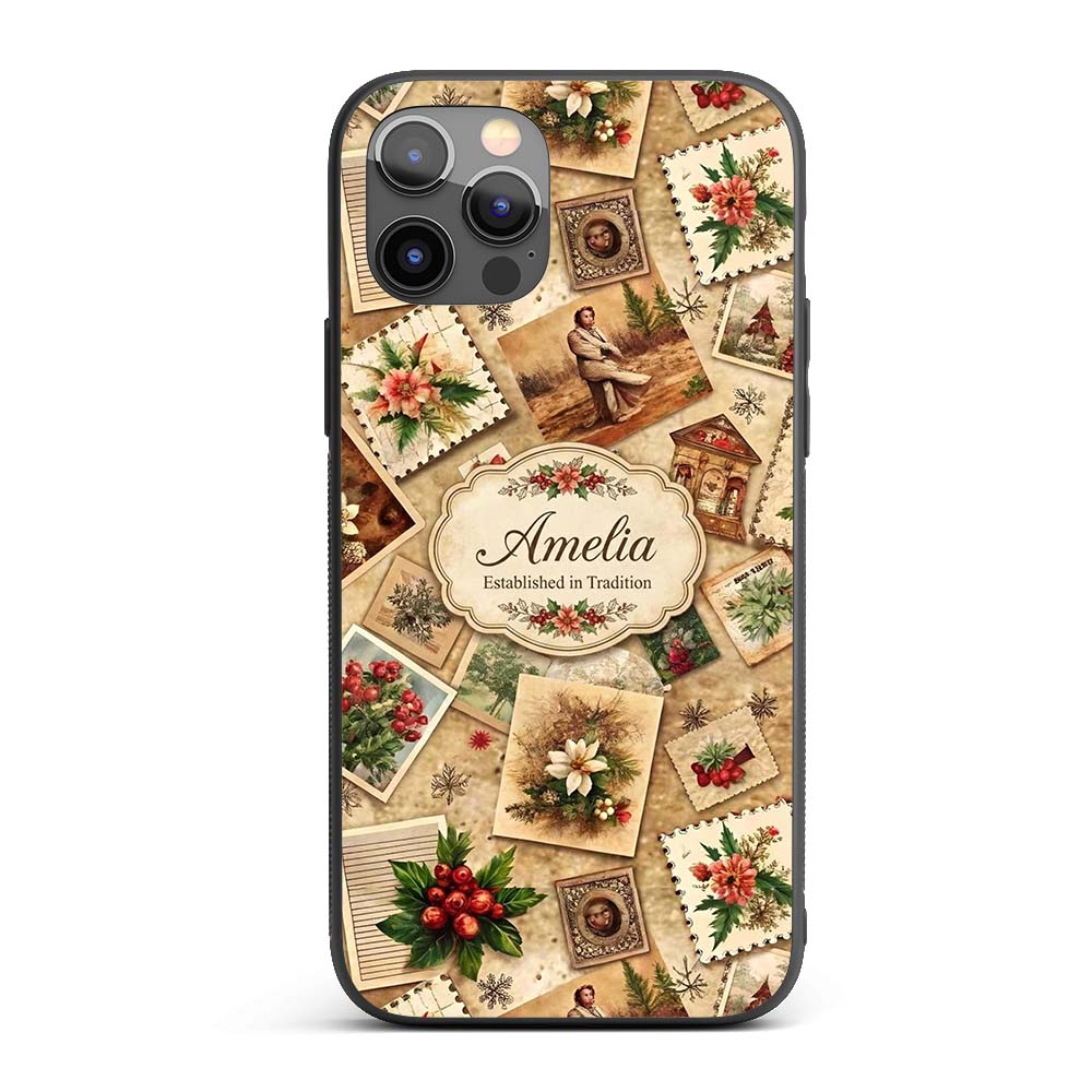 Antique Christmas Collage with Floral Cards and Custom Name Protective Phone Case Mobile Cover Durable Everyday Smartphone Shock Resistant