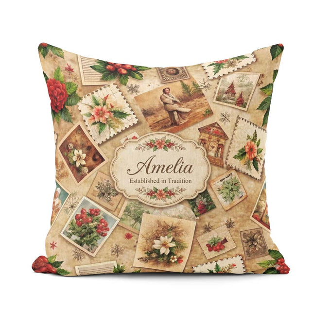 Custom Name Antique Christmas Collage with Cards and Decorations Square Filled Cushion Throw Pillow Sofa Bed Home Decor Zip Washable UK Made