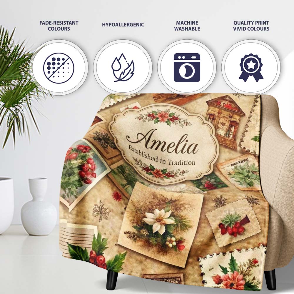 Antique Christmas Collage with Floral Cards and Holiday Decorations  Personalised Custom Name Super Soft Fleece Blanket Bed Sofa Throw