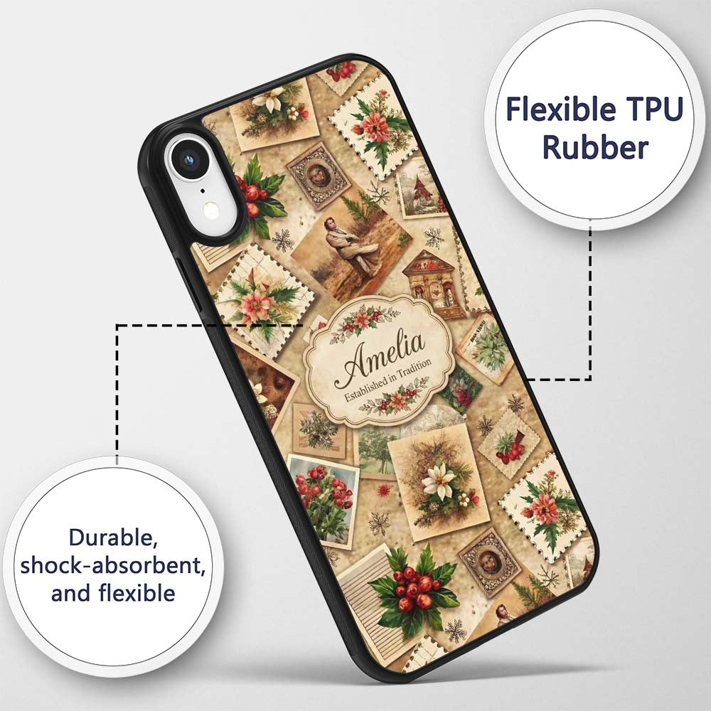 Antique Christmas Collage with Floral Cards and Custom Name Protective Phone Case Mobile Cover Durable Everyday Smartphone Shock Resistant