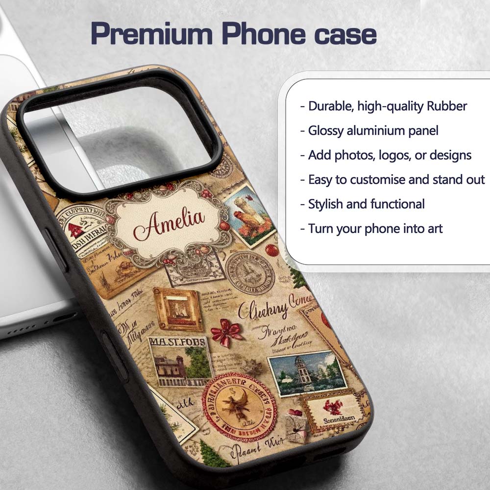 Vintage Christmas Ephemera with Letters Stamps Custom Name Protective Phone Case Mobile Cover Durable Everyday Smartphone Shock Resistant