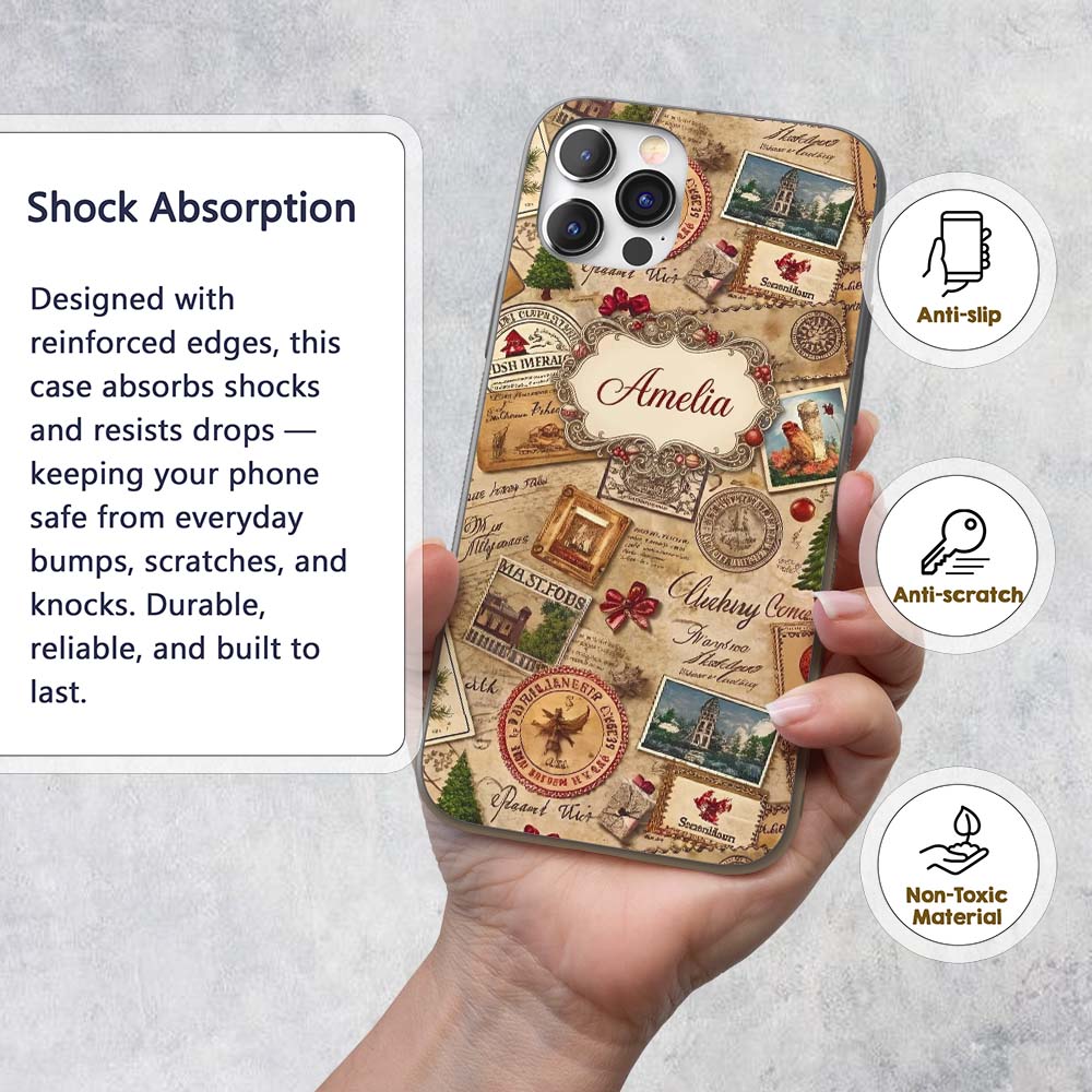 Vintage Christmas Ephemera with Letters Stamps Custom Name Protective Phone Case Mobile Cover Durable Everyday Smartphone Shock Resistant