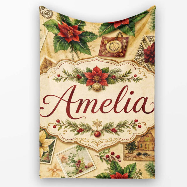 Classic Christmas Botanical Elements with Holly Berries and Flowers  Personalised Custom Name Super Soft Fleece Blanket Bed Sofa Throw