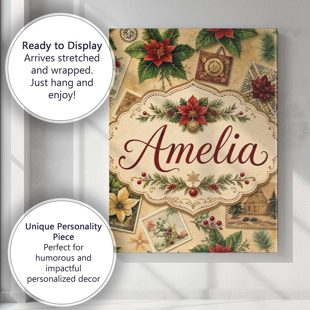 Personalised Name Classic Christmas Botanical Custom Unique Gift Idea Modern Room Accent Canvas Wall Art Print Decor Picture Ready to Hang