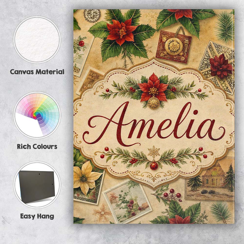 Personalised Name Classic Christmas Botanical Custom Unique Gift Idea Modern Room Accent Canvas Wall Art Print Decor Picture Ready to Hang