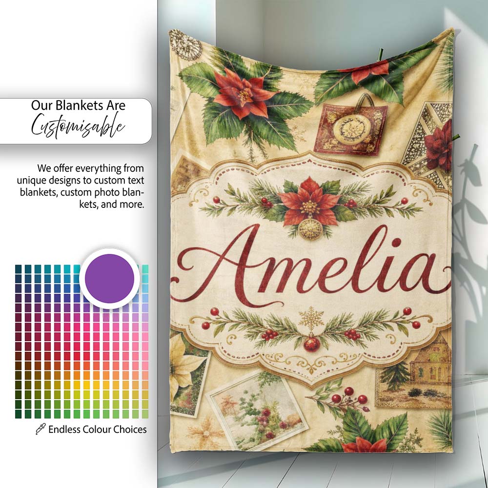Classic Christmas Botanical Elements with Holly Berries and Flowers  Personalised Custom Name Super Soft Fleece Blanket Bed Sofa Throw