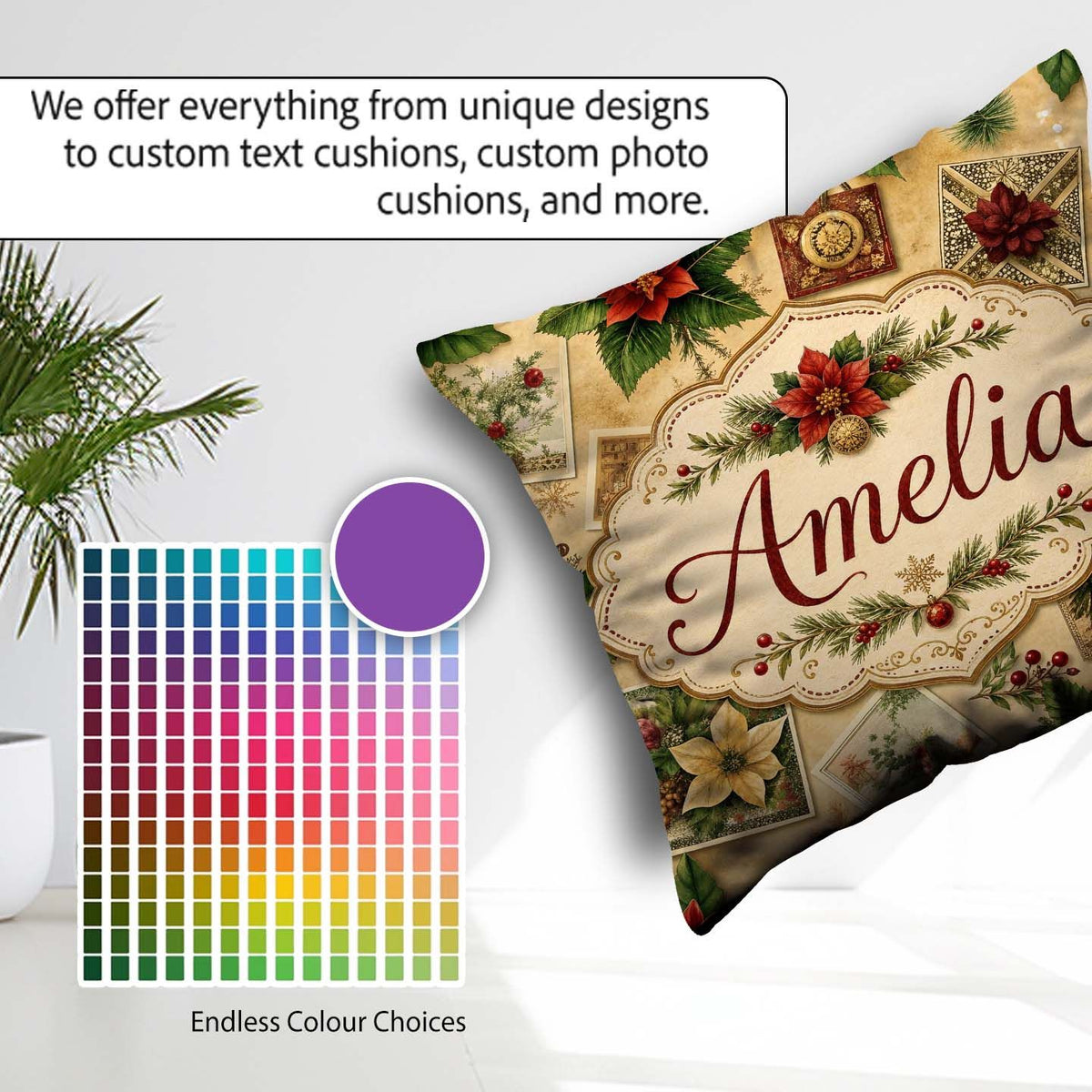 Custom Name Classic Christmas Botanical with Berries and Flowers Square Filled Cushion Throw Pillow Sofa Bed Home Decor Zip Washable UK Made