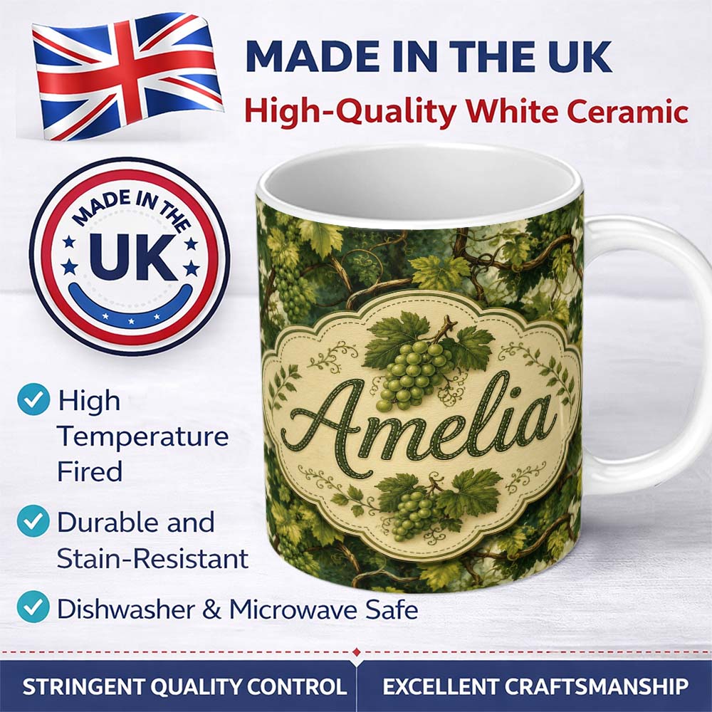 Personalized Custom Name Green Grape Vine Leaves Botanical Seamless Pattern Cute Unique Gift 11oz Ceramic Coffee Tea Mug White Large Handle